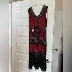 Red Beaded Fringe Flapper 1920s Dress L